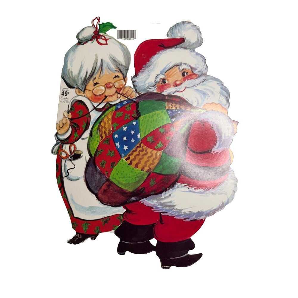 VTG Eureka Santa Patchwork  Bag & Mrs. Claus Christmas Die Cut Wall Window Decor